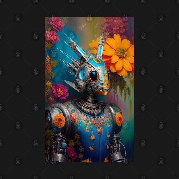 Tech and Nature Art - Stunning surreal beautiful robot and flowers by ZiolaRosa