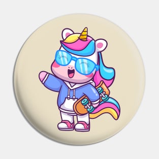 Cute Cool Unicorn Holding Skateboard Cartoon Pin