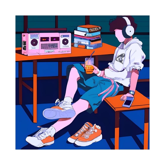 Cute Boy with Headphone Chilling - Anime - Retro Future by Trendy-Now