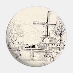 De Adriaan Windmill Haarlem Netherlands Pen Ink Travel Art Pin