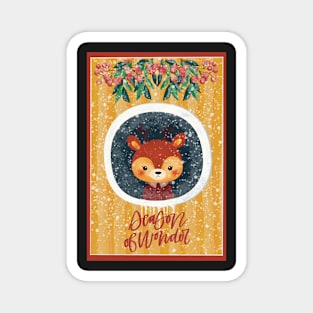 Cute Christmas card with a little reindeer looking out of a window. Outside snowing. Magnet