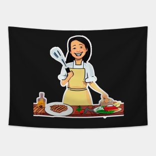 A cartoon of a chef smiling Tapestry