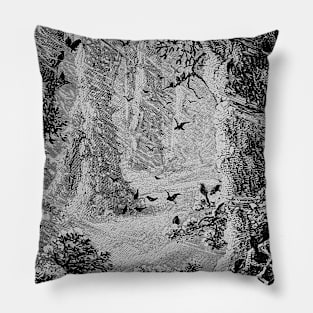 Birds in the cold forest facing a blizzard, some fly while the snow falls Pillow