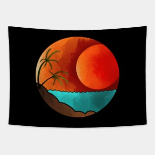 Orange Sunset on the beach with Palm tree Tapestry