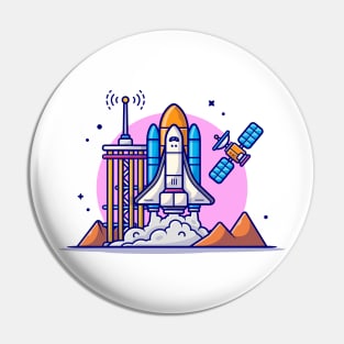 Space Shuttle Taking Off with Tower, Satellite and Mountain Cartoon Vector Icon Illustration Pin