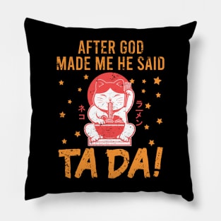 TaDa Funny retro cat eating ramen with Distressed TaDa Cat Ramen bowl Pillow