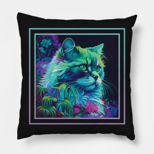 Insistent Selkirk Rex Cat Vibrant Tropical Flower Digital Oil Painting Portrait Pillow