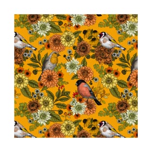 Garden birds and flowers on marigold orange T-Shirt