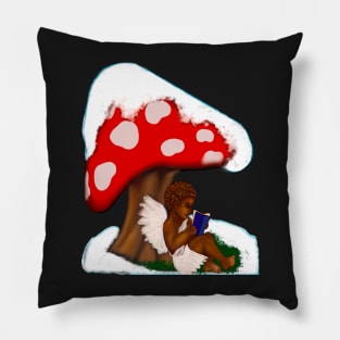 Snow covered mushroom Little angel boy cherub reading a book - tranquil winter scenery Pillow