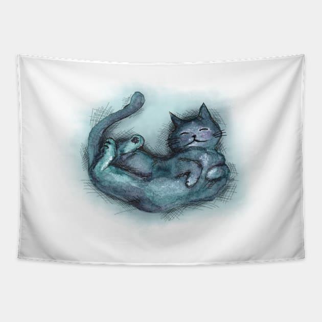 Sleepy Blue Blob Cat - Hand Painted in Watercolour Tapestry by SophieStockArt