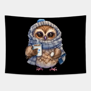 Chibi Owl Drinking Hot Chocolate cute christmas snow design series 1 Tapestry