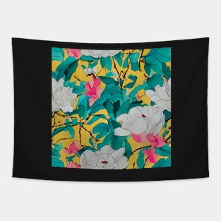 White and pink magnolia flowers on yellow Tapestry