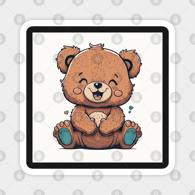 Cute Baby Bear Laughing Nursery Drawing Illustration Magnet by unrealartwork