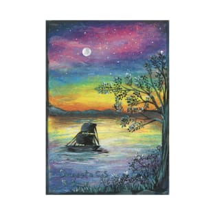 Ship in the moonlight colorful oil pastels scenery T-Shirt