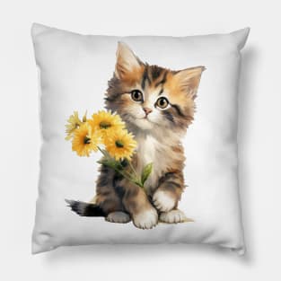 Watercolour Cat With Flower Pillow