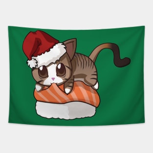 Brown Stripped Cat Salmon Sushi Christmas Tapestry