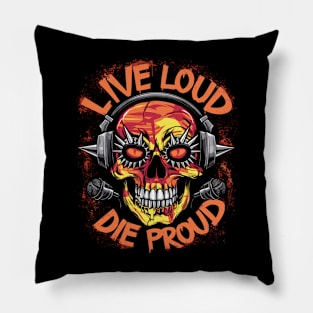 Live Loud Die Proud Metal Music Spiked Skull Design Pillow