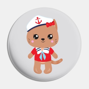 Sailor Cat, Sailor Hat, Boat Captain, Brown Cat Pin