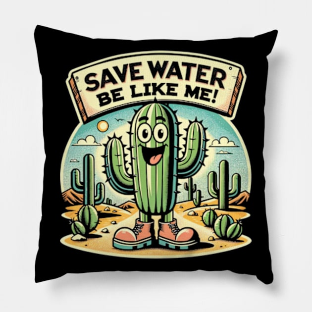 Save Water Cactus Pillow by Neon Galaxia