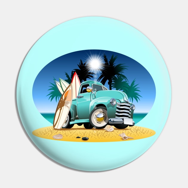 Cartoon retro pickup on beach Pin by Mechanik