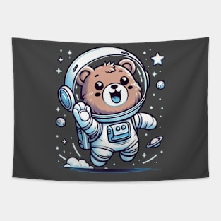 A cute happy grizzly bear astronaut, digital 2D line art Tapestry