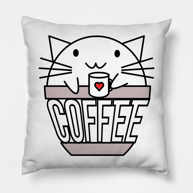 Cat in coffee cup with warped text holding coffee cup with heart Pillow by coffeewithkitty