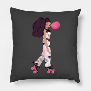 Girl chewing gum on roller skates Pillow