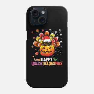 Black Cat Halloween And Merry Christmas Happy Hallothanksmas Phone Case