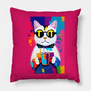 White Cat with Silly Sunglasses and Soft Drink Pillow