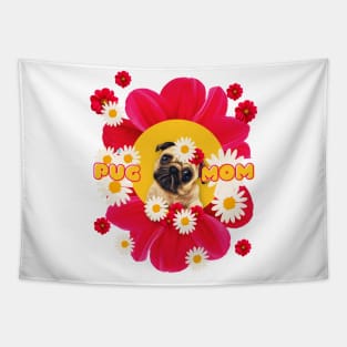 pug mom on pink flowers Tapestry