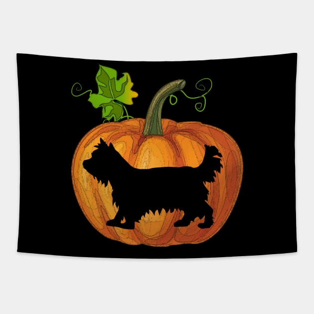 Yorkie in pumpkin Tapestry by Flavie Kertzmann