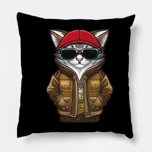 Cool Cartoon Cat in Jacket, Cap, and Sunglasses Pillow