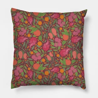 Dragonfruit amoung mango and mandarin on maroon background Pillow