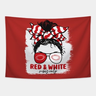 Red and White Vibes Only Football Mom Messy Hair Gameday Tapestry