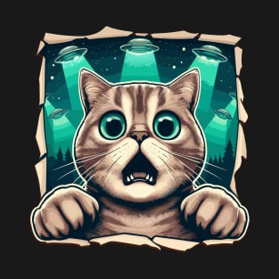 Funny Cat Selfie With UFOs Behind T-Shirt