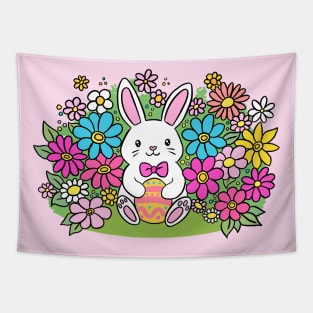 Adorable cartoon easter bunny holding a colourful egg surrounded by flowers Tapestry