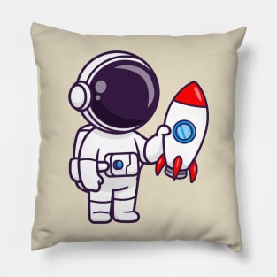 Cute Astronaut Holding Rocket Cartoon Pillow