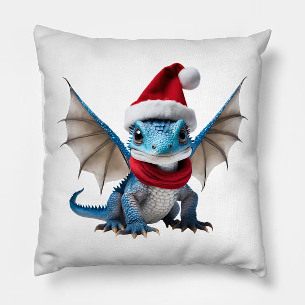 Realistic Artwork of a Cute Blue Baby Dragon Wearing a Red Santa Christmas Hat Pillow by Cuteopia Gallery