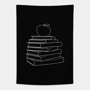 Apple on Book Stack - Red Apple & White Books Line Art Tapestry