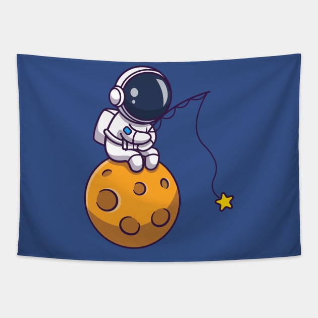 Cute Astronaut Fishing Star On Moon Cartoon Tapestry by Catalyst Labs