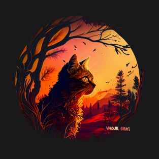 Awesome Anime Cat in the Woods at Sunset T-Shirt