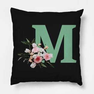 Letter M green with colorful flowers Pillow