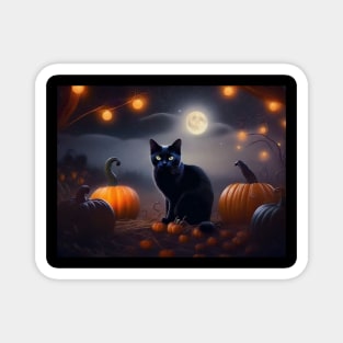 Handsome black cat in a pumpkin patch Magnet