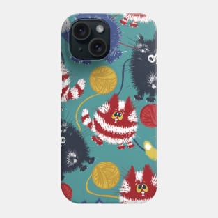 Bright Fluffy Cats Playing with Wool on Turquoise Background Phone Case