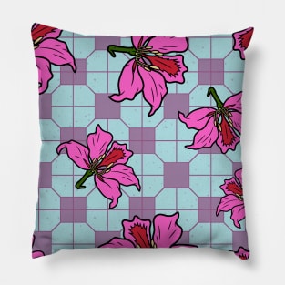 Bauhinia Flower with Blue and Pink Tile Floor Pattern - Summer Flower Pattern Pillow