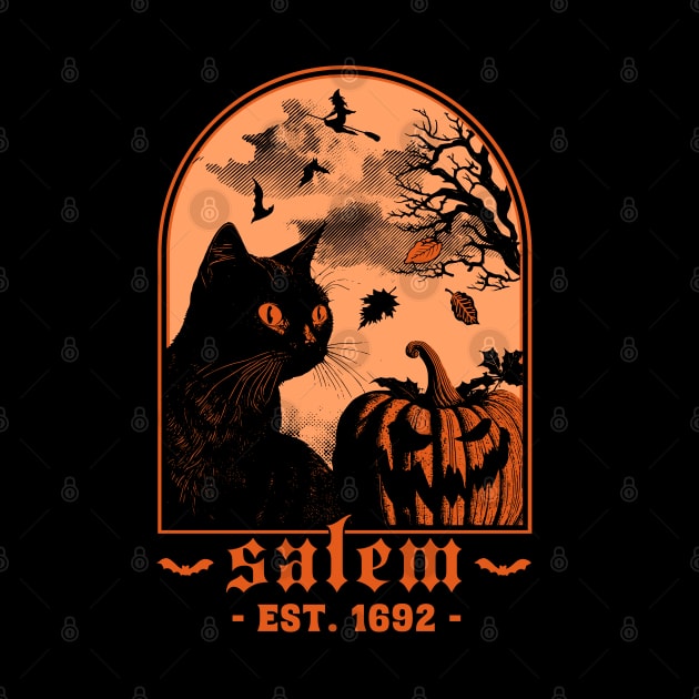 Salem 1692 - Black Cat Pumpkin - Retro Vintage Halloween by OrangeMonkeyArt