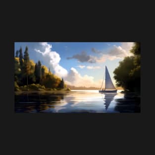 Sailboat Gliding Gracefully On A Tranqull Lake T-Shirt