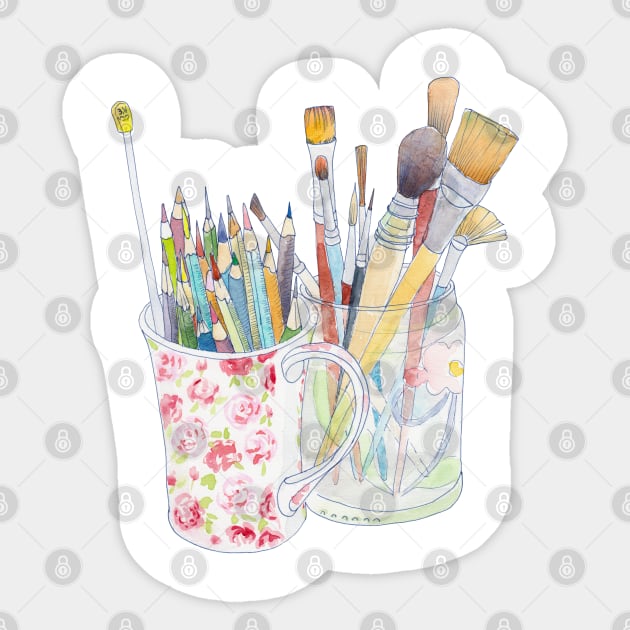 Art Tools - pencils & brushes in a jar & cup - Art Supplies - Sticker