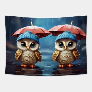 Cute Baby Owls with Big Blue Eyes and Woolly Hat Tapestry