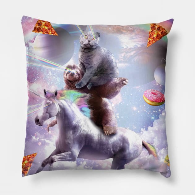 Laser Eyes Space Cat On Sloth Unicorn - Rainbow Pillow by Random Galaxy